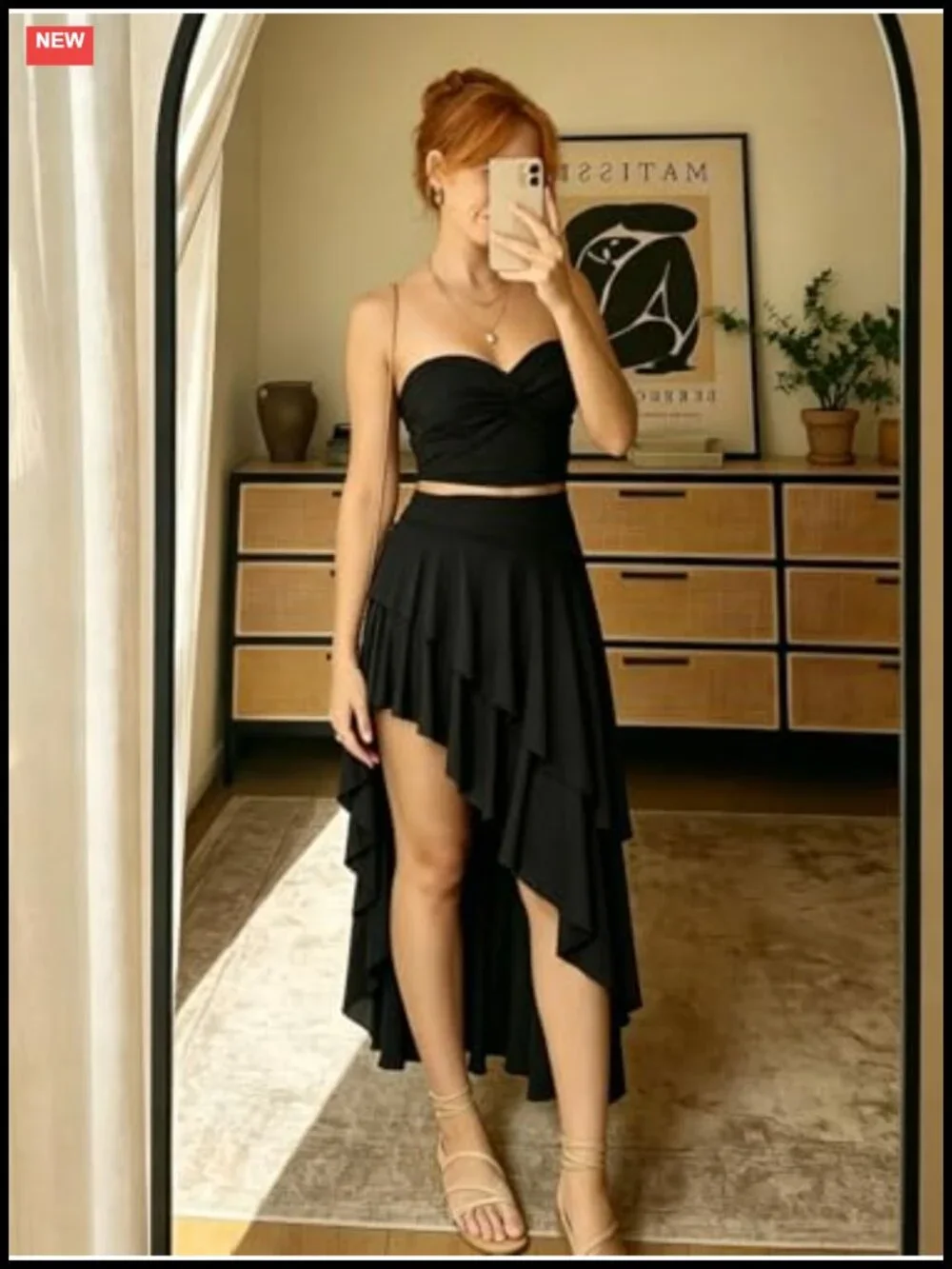 High Waist Ruffle Flowy Asymmetrical Split Midi Skirt